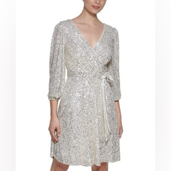 DKNY Sequin Faux-Wrap Dress - Picture 1 of 9
